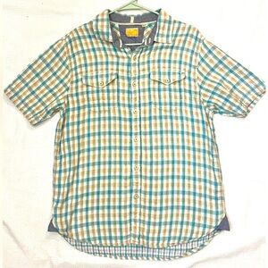 True Grit Men's Teal & Tan Plaid Button-Up Short Sleeve Shirt Size Large